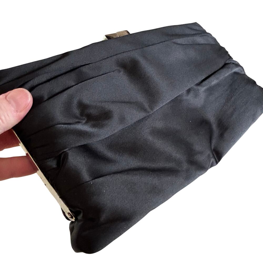 Lulu Townsend black satin evening bag with silvertone chain strap clutch purse